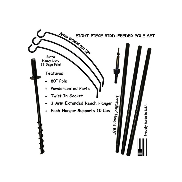 Eight-piece bird-feeder pole set with detailed specifications on a white background