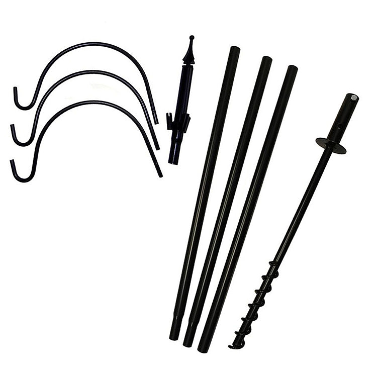 Super Tall Trio Hanger unassembled, showing ground-screw base, four pole sections, decorative top, and three S-hooks. Ideal for hanging lights, lanterns, or plants.