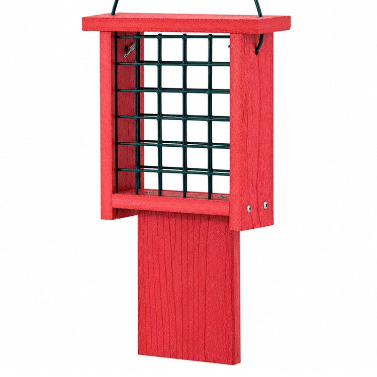 Red recycled plastic tail prop suet feeder with black metal mesh cage, extended woodpecker tail support, and hanging wire on a clean white background.
