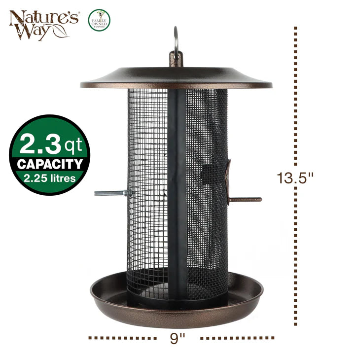 Product dimension diagram of the Beloved Bronze Dual-Chamber Metal Mesh Bird Feeder showing overall height, feeder diameter, and seed capacity specifications.