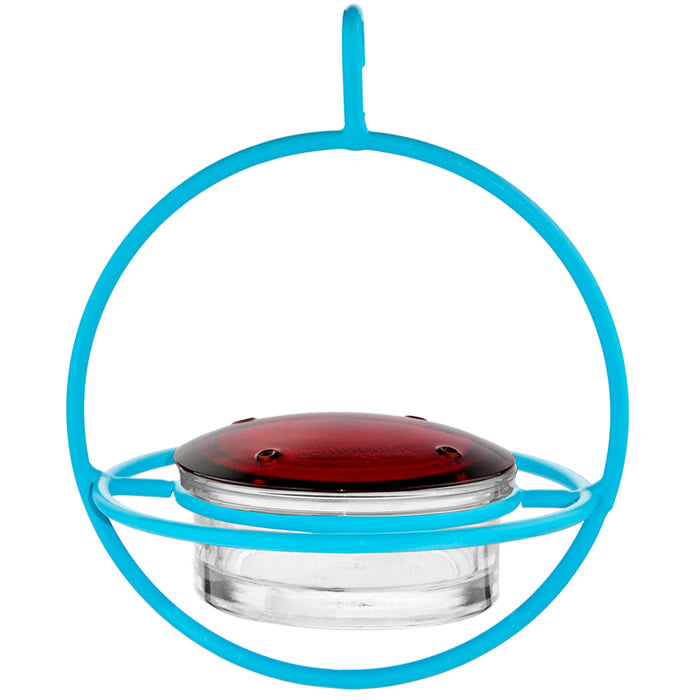 Sphere Hummingbird Feeders, Set of 4, featuring a glass jar with a red lid, wraparound perch, and sturdy steel frame, designed to attract hummingbirds.