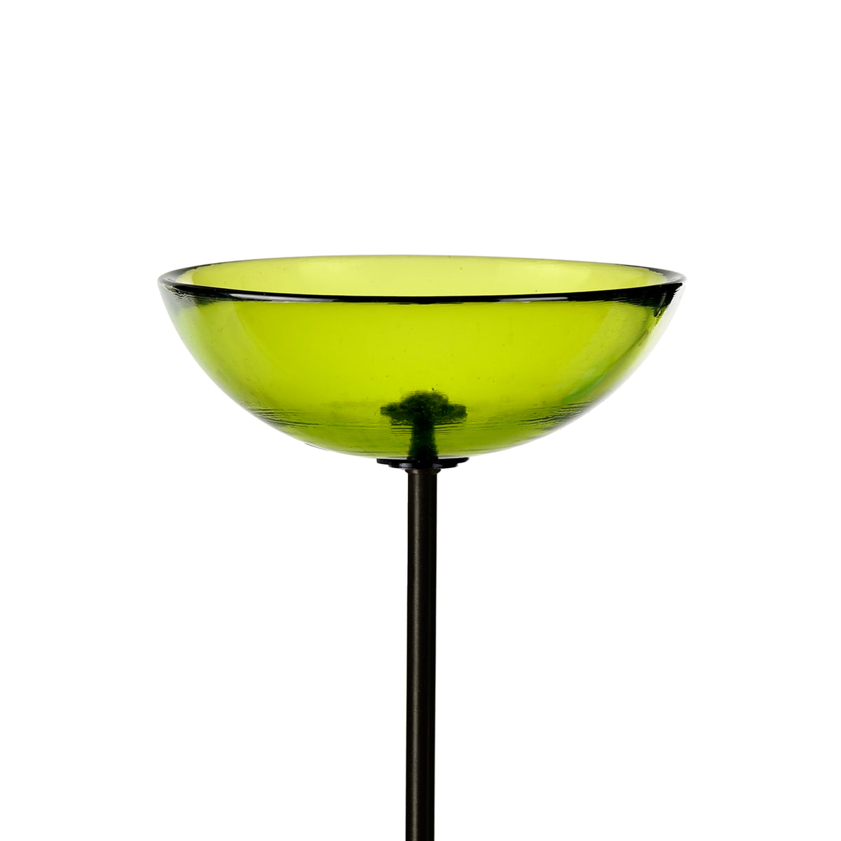 Mosaic Birds Poppy Stake Feeder Lime features a green glass dish on a black pole, ideal for bird feeding with a durable steel stake.