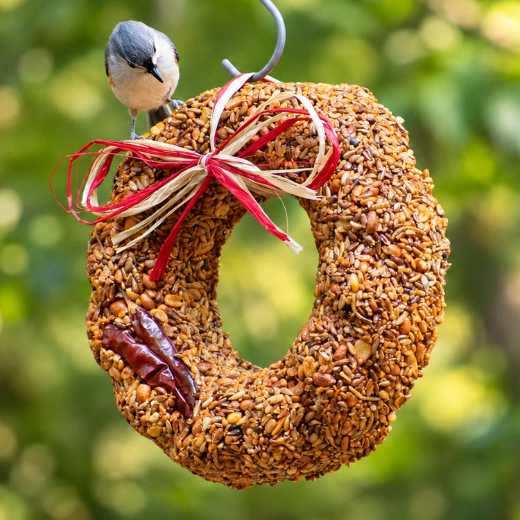 Flaming Hot Feast Bird Seed Wreath: A bird stands on a seed wreath decorated with a bow, designed to feed birds and deter squirrels.