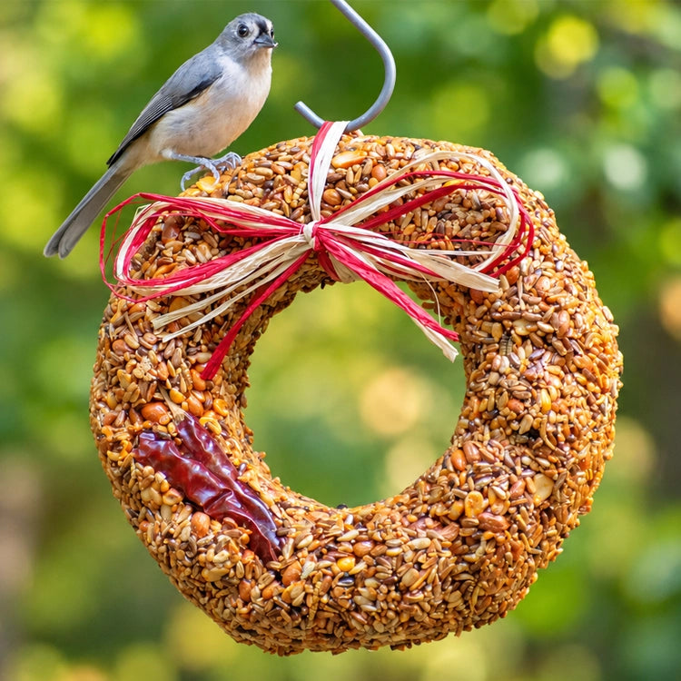 Flaming Hot Feast Bird Seed Wreath with a bird perched on it, featuring a decorative bow and designed to deter squirrels with its spicy seed mix.