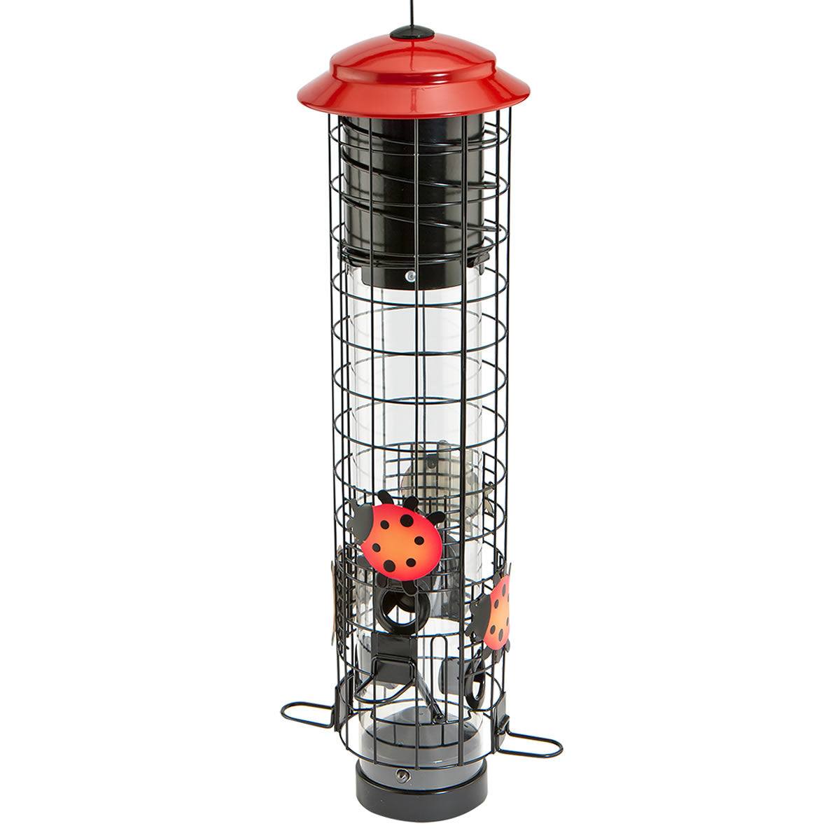 Ladybug Squirrel-Resistant Tube Feeder with a red roof, black cage, clear tube, seed ports, and perches, designed to deter squirrels and attract birds.