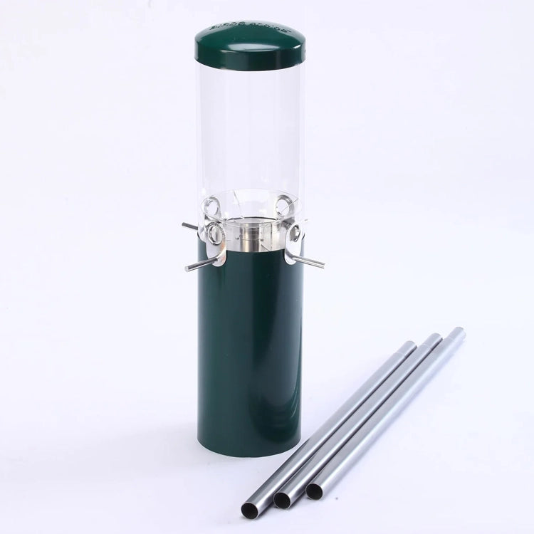 Birds Choice squirrel-proof pole-mounted bird feeder with green steel baffle, clear seed tube, four metal perches, and three-section aluminum mounting pole.