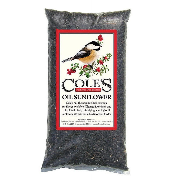Bag of Cole's Oil Sunflower bird seed with a label featuring a bird illustration on a white background.