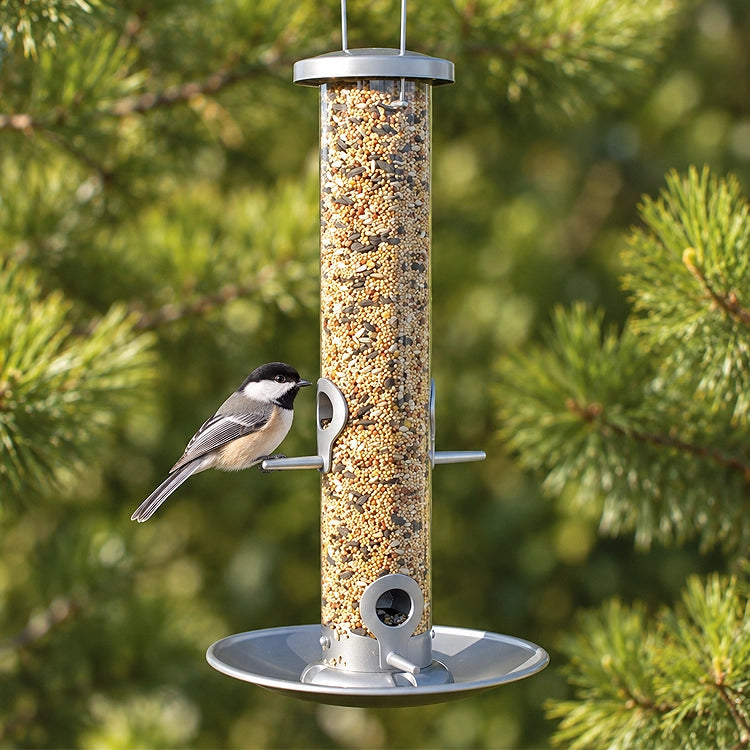 Woodlink 4 Silver Tube Bird Feeder with Tray & Dual Ports