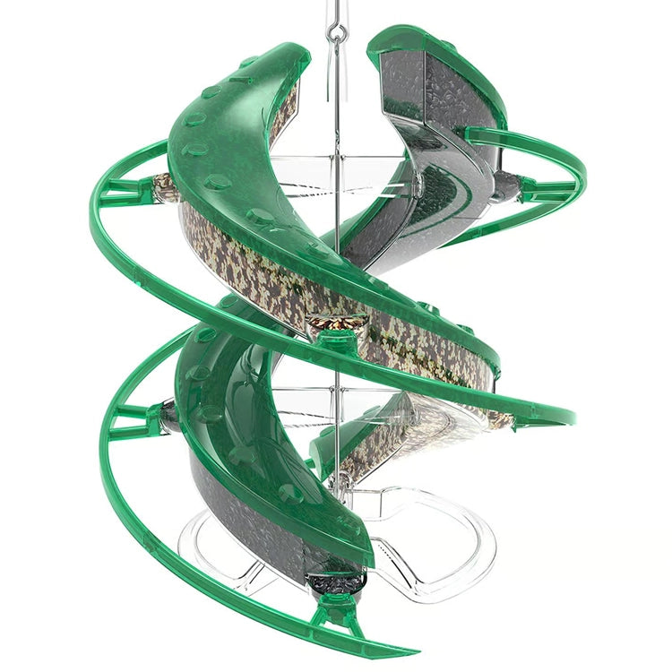 Green spiral bird feeder on a white background