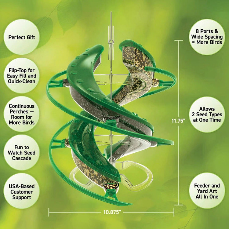 Green spiral bird feeder with features highlighted on a green background