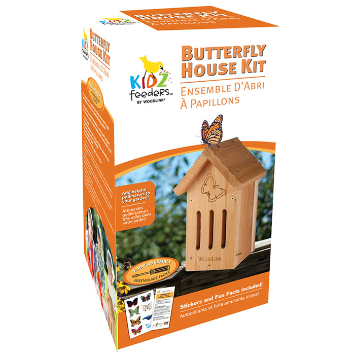 Butterfly House DIY Craft Kit box featuring assembly instructions and decorative stickers for building a butterfly nesting house with fly-through openings, suitable for children ages 5 and up.