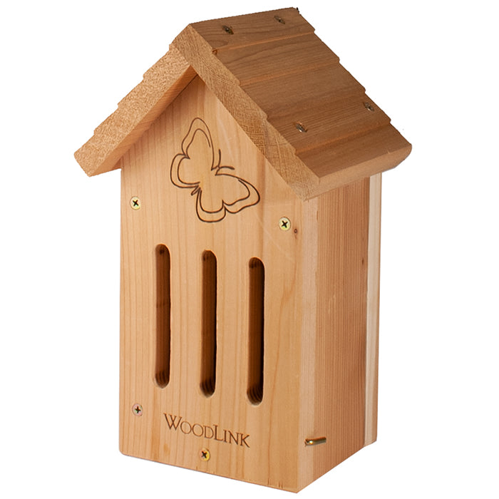 Wooden DIY Butterfly House Kit with a butterfly design, featuring three vertical fly-through openings and made from rugged Western cedar.