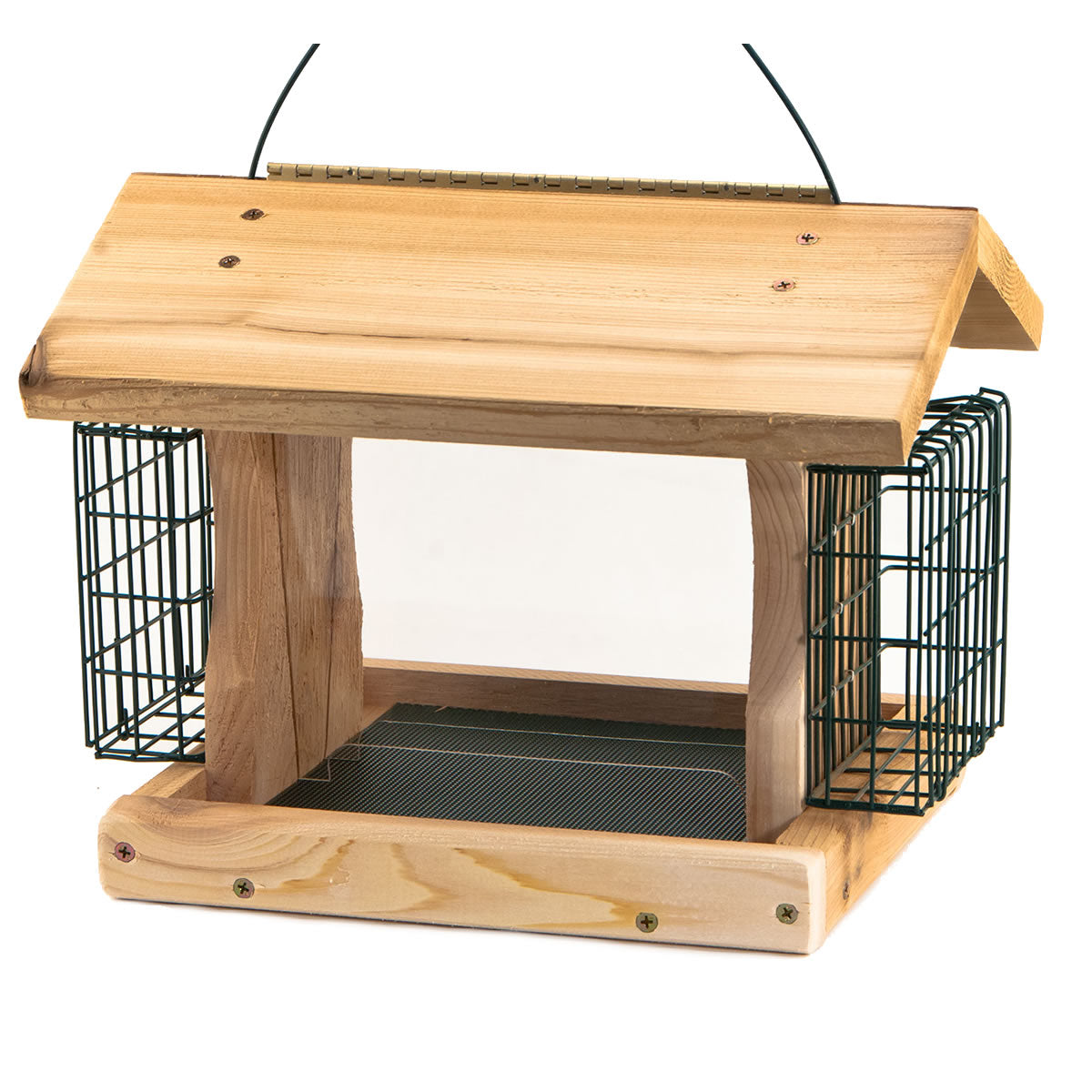 Premier Cedar Feeder with Suet Cages features a wooden platform with roof, dual wire suet cages, and metal mesh floor for drainage. Includes cable hanger.