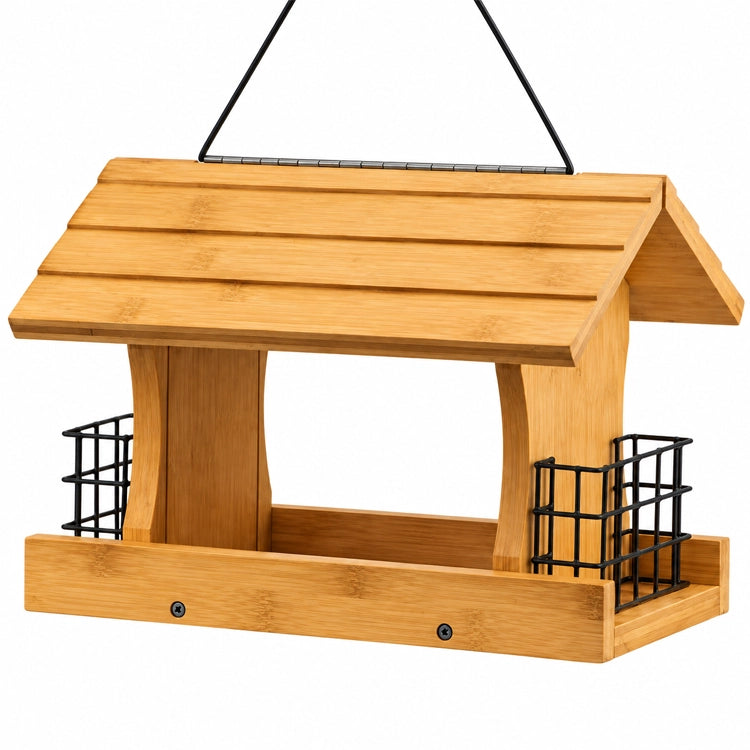 Premium Bamboo Ranch Feeder with Suet Feeders, featuring a wooden roof, clear side panels, and a cable hanger, designed for easy filling and bird viewing.