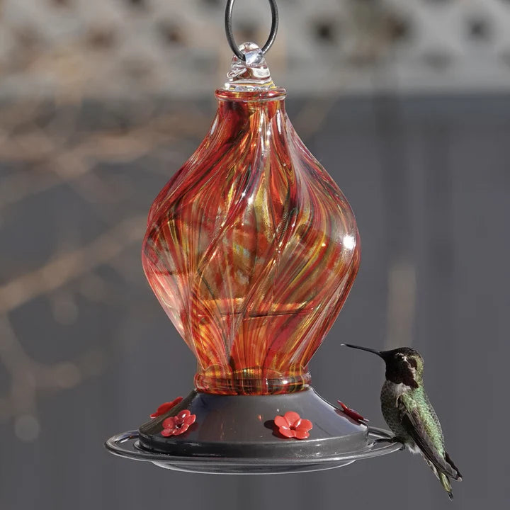 EcoCycle Sunburst Sipper hummingbird feeder hanging outdoors with a hummingbird feeding from one of the red flower-shaped ports.