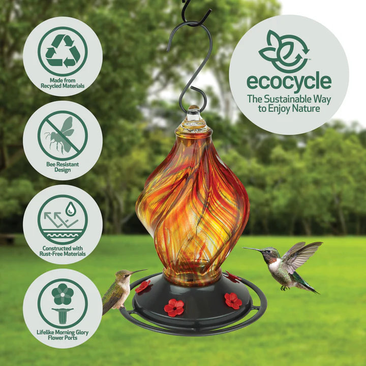 EcoCycle Sunburst Sipper hummingbird feeder infographic highlighting handblown recycled glass construction, multiple feeding ports, and hummingbird-friendly design.