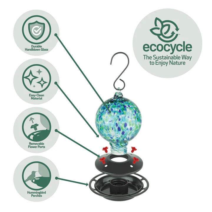 EcoCycle Garden Globe Handblown Recycled Glass Hummingbird Feeder