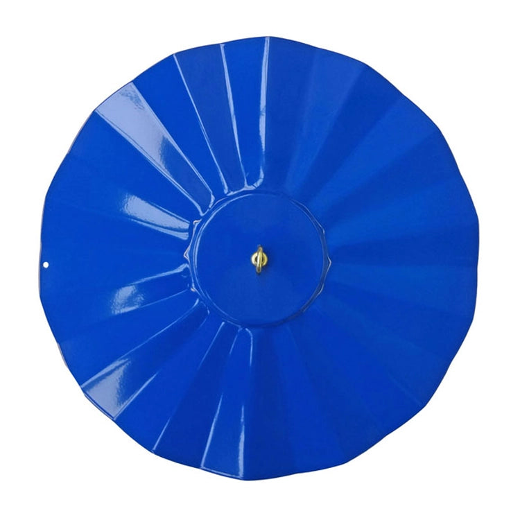 14 All Weather Guard, Blue: Glossy blue metal disc with scalloped edges, central brass knob, and mounting hole, designed to protect small feeders from weather elements.