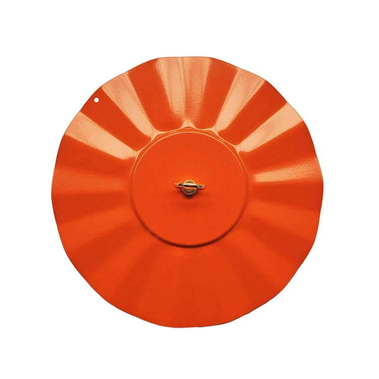 Orange hanging weather baffle with white background.