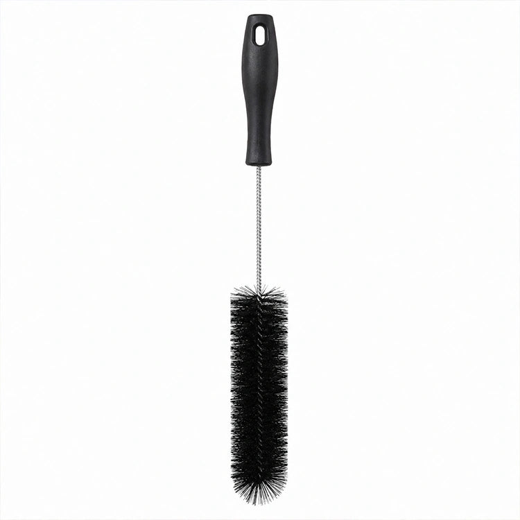 Long black hummingbird feeder cleaning brush with ergonomic handle and durable bristles on a white background.