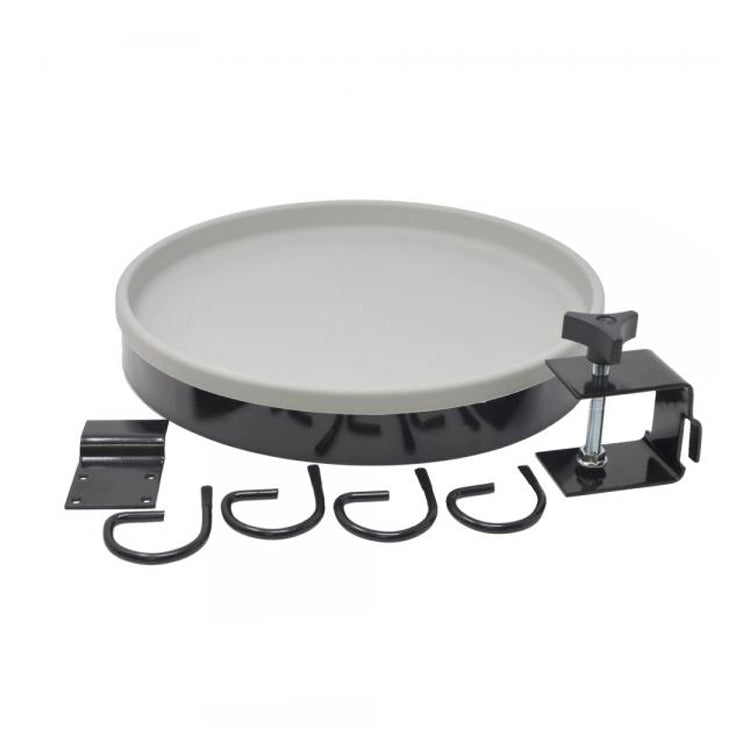 Round metal pan with a holder on a white background