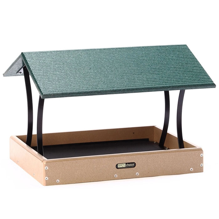 Birds Choice Medium Fly-Thru Green Roof feeder with a sloped roof and open tray, featuring a removable seed tray and sturdy metal supports for easy cleaning.