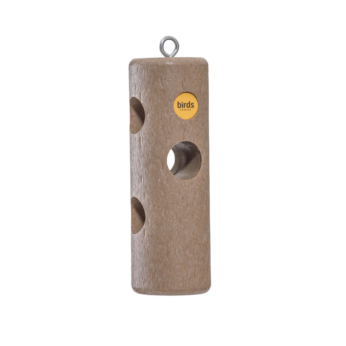 Recycled Suet Log bird feeder with drilled holes for suet, textured to resemble tree bark. Includes eye hook for hanging, accommodates three suet logs.