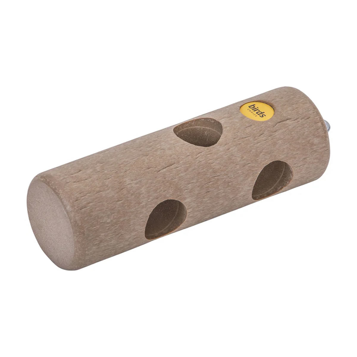 Recycled Suet Log: solid tan cylinder with six feeding ports, resembling bark, designed for woodpecker attraction. Features hanging eye hook and tail prop area.