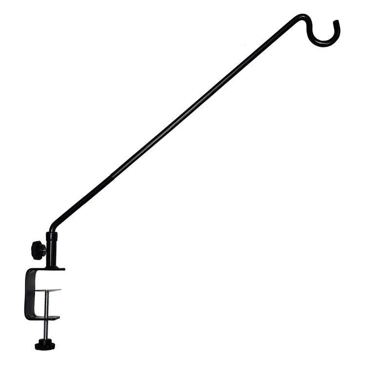 Clamp-On Swing Arm Deck Hanger, 23 features a black metal C-clamp with an adjustable arm and S-shaped hook for hanging lightweight items from deck rails.