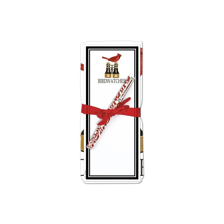 Flour Sack Towel & Magnetic Note Pad Set, Birdwatcher Cardinal, featuring binoculars, red bird-themed notecards tied with ribbon, and a matching pen. Perfect for gifting.