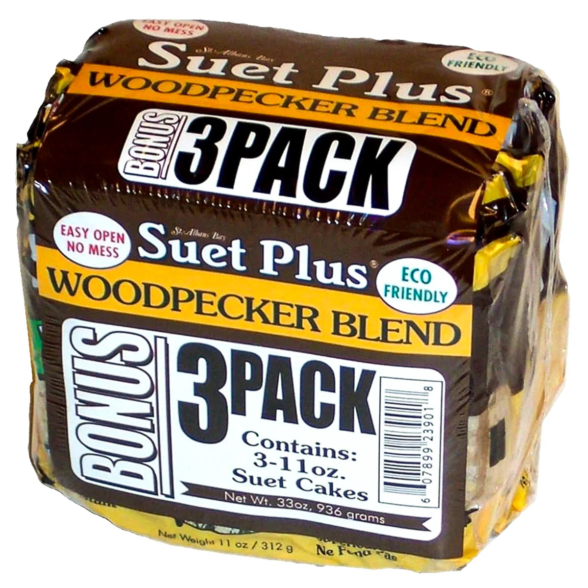 Woodpecker Blend Suet Plus Cakes, 3 Pack: Eco-friendly suet cakes for woodpeckers, featuring melt-resistant formula, easy to use, fits standard feeders.