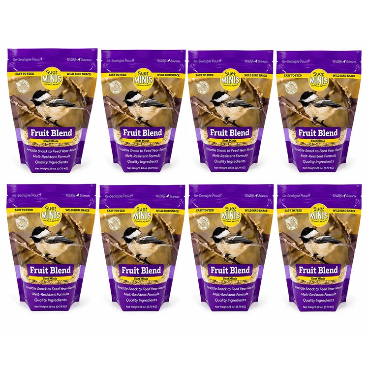 Eight packages of Suet Minis Fruit Blend bird food on a white background