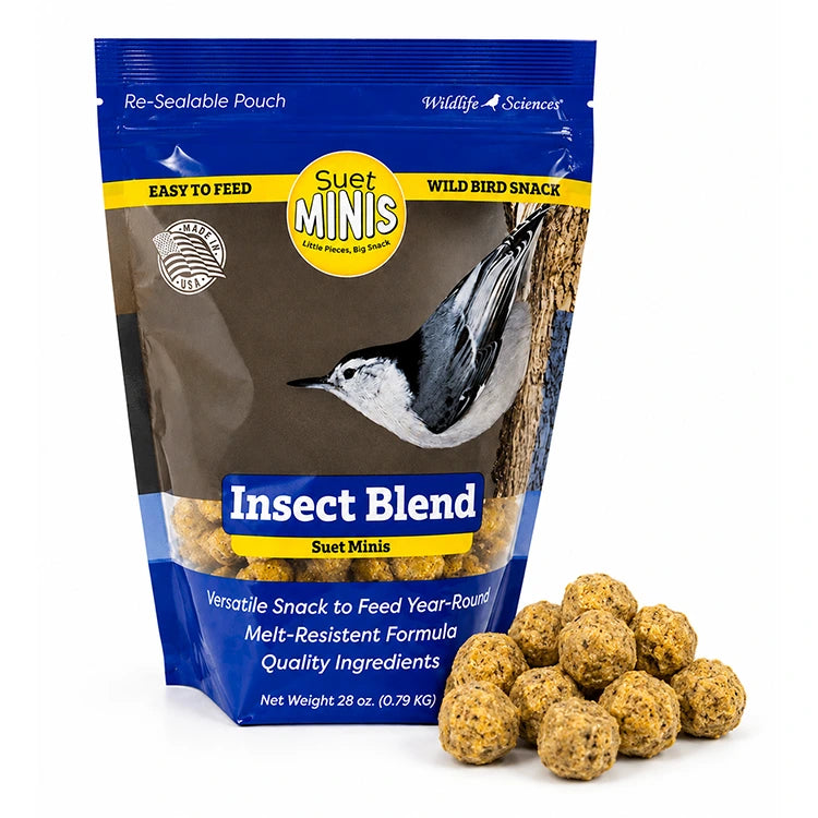 Package of Suet Minis Insect Blend wild bird snack with a bird on the packaging.