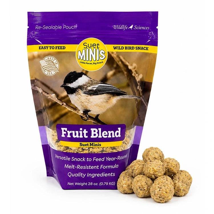 Package of Suet Minis Fruit Blend bird snack with a bird on the packaging.