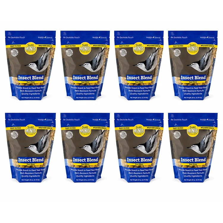 Eight packages of Suet Minis Insect Blend on a white background