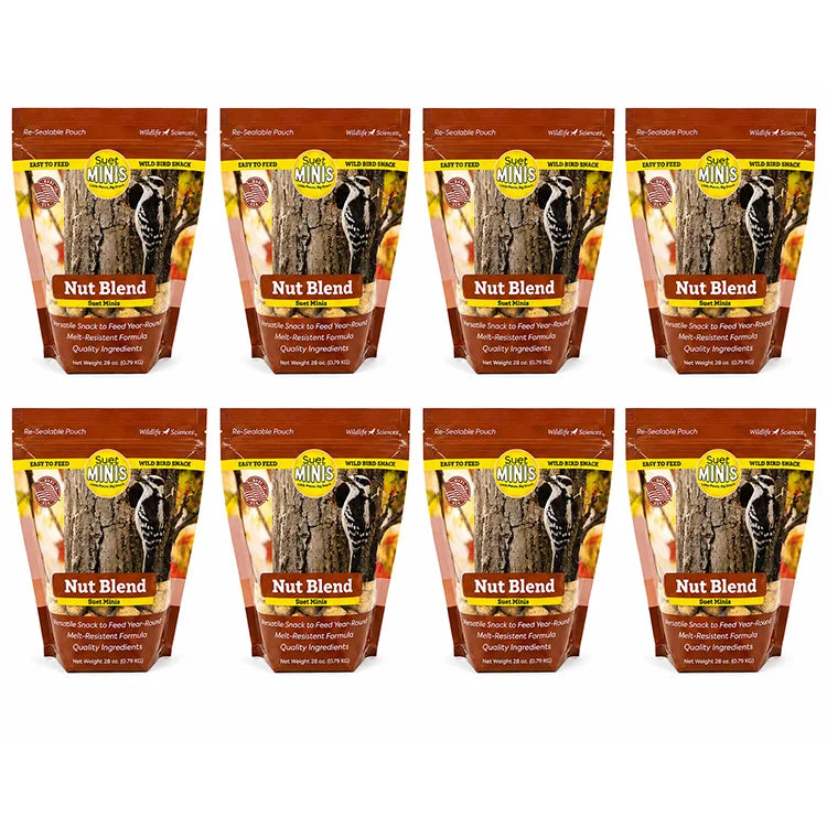 Multiple packages of Nut Blend suet mini treats on a white background