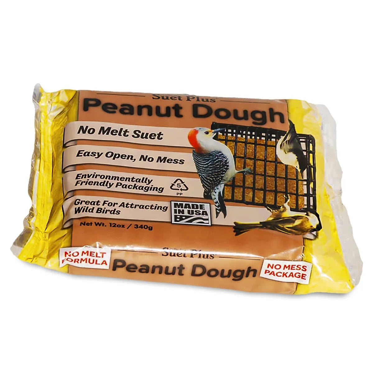 Package of Peanut No Melt Dough Cakes, 12 Cakes, highlighting its easy-open design and promotion for attracting songbirds with protein-rich, no-melt suet blocks.