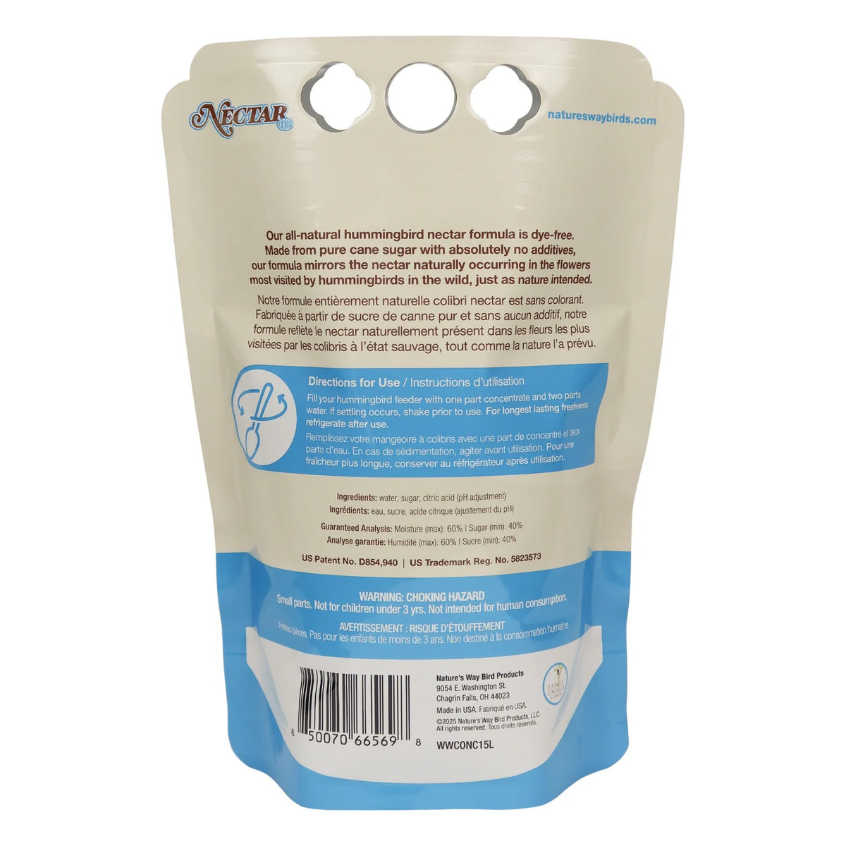 Rear view of the Clear Hummingbird Nectar Concentrate pouch displaying product information, mixing directions, and usage instructions.