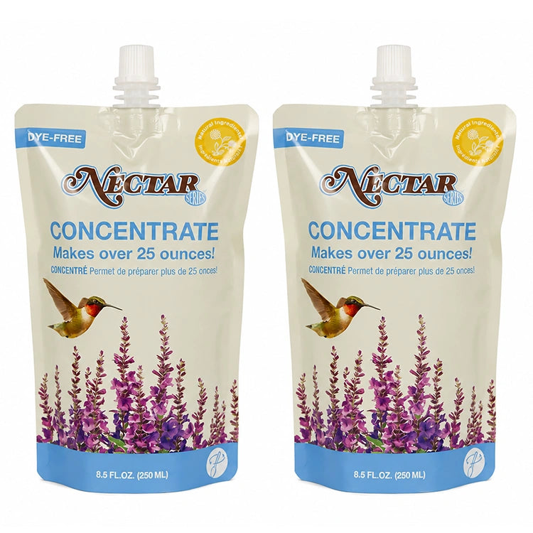 Two bottles of clear hummingbird nectar concentrate, 8.5 ounces each, formulated for mixing fresh nectar for hummingbird feeders.