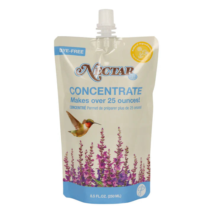 Clear hummingbird nectar concentrate bottle with easy-pour design and concentrated formula for preparing hummingbird nectar.