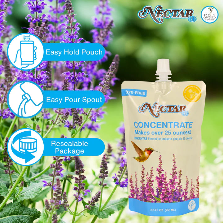 Clear Hummingbird Nectar Concentrate packaging displayed with feature callouts highlighting easy mixing, clear nectar formula, and hummingbird-friendly ingredients.