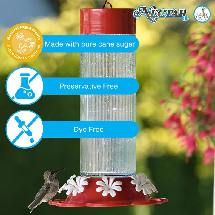 Step-by-step illustration showing how to mix hummingbird nectar concentrate with water, shake thoroughly, and fill a hummingbird feeder for use.