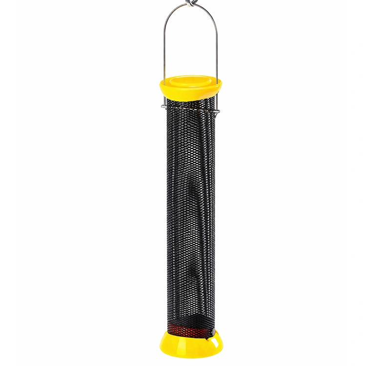Magnet Mesh Finch Feeders: 12 or 18, featuring a black metal mesh cylinder with yellow caps, designed for easy bird clinging and feeding.