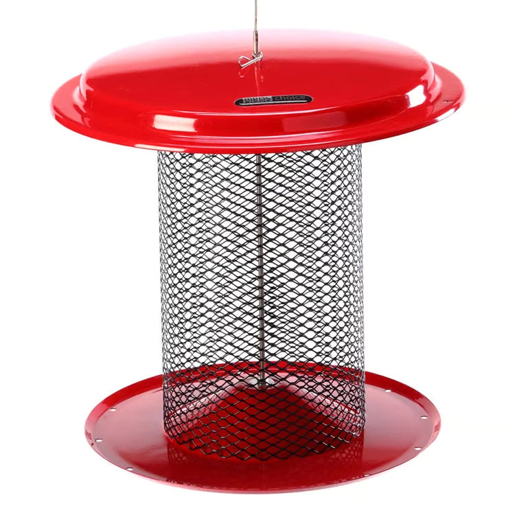 Magnet Mesh 5 Quart Sunflower Feeder with red dome lid, black mesh for seeds, and hanging cable; designed to attract more birds and reduce seed waste.