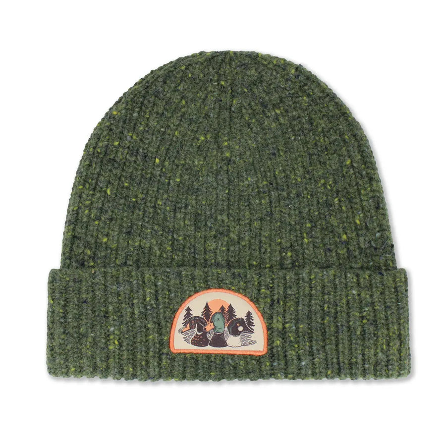 Duck Trio Wool Blend Beanie, Forest: Forest-green rib-knit beanie with embroidered duck silhouettes on cuff, showcasing nature and birdwatching passion. Cozy, durable, and perfect for outdoor adventures.