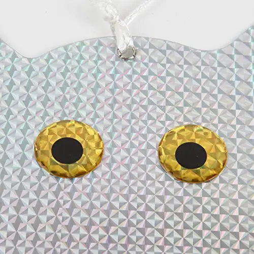 Close-up of Owl Bird Repellent Reflective Holographic necklace, featuring gold circles resembling eyes, designed to deter birds. Pack of 2 for versatile use.