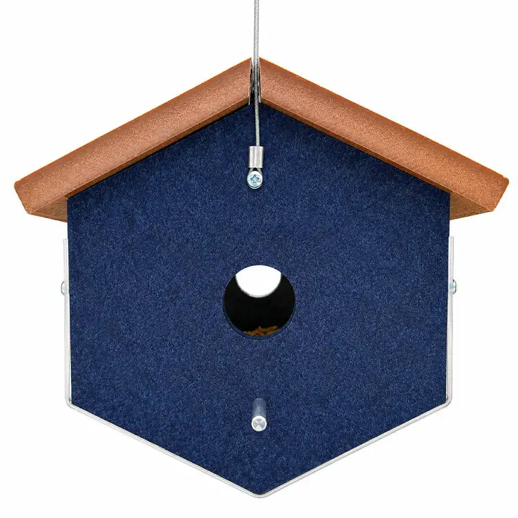 Front view of Duncraft EasyView hanging mealworm feeder with blue recycled-plastic sides, round feeding port, and perch.
