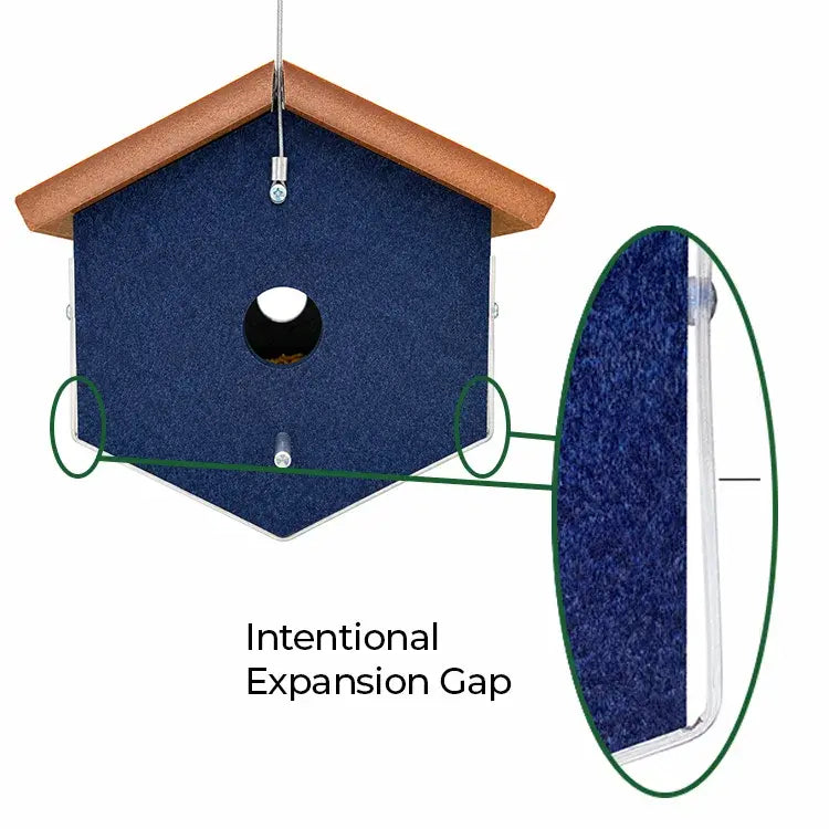 Close-up diagram showing the intentional expansion gap between the recycled-plastic body and clear acrylic panel on the EasyView mealworm feeder.