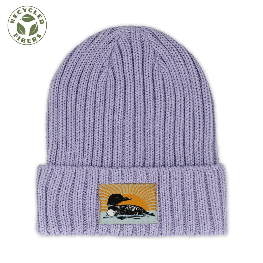Bird Collective Loon Ribbed Recycled Beanie with folded cuff, featuring a loon and sun patch; crafted from recycled fibers for warmth and style.