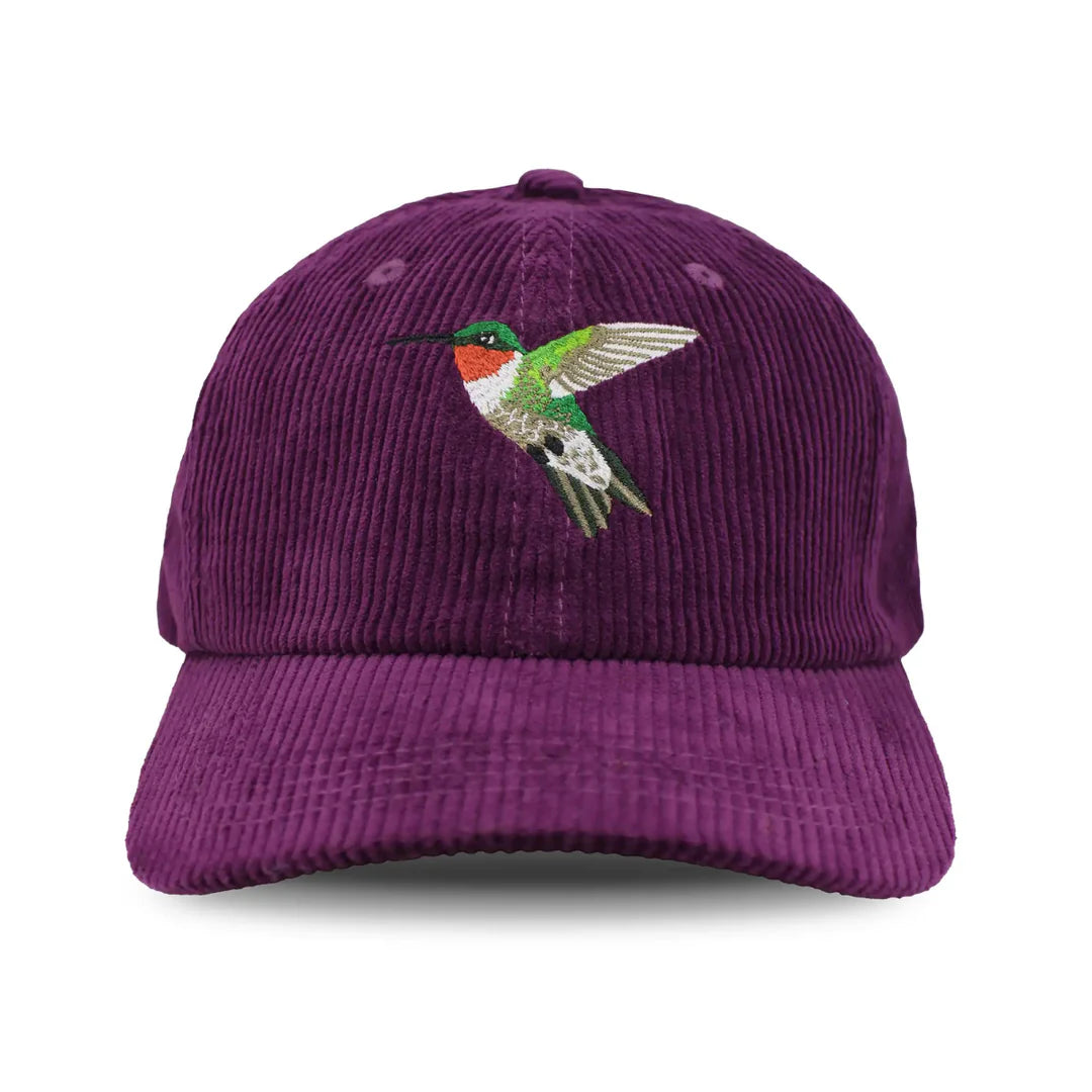 Ruby-throated Hummingbird Corduroy Hat, Mulberry: Purple baseball cap with embroidered hummingbird on front, adjustable strap, ideal for bird enthusiasts and outdoor activities.